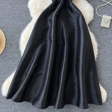 A line Straps Black Satin Holiday Dresses Midi Length Women's Dress SD1272